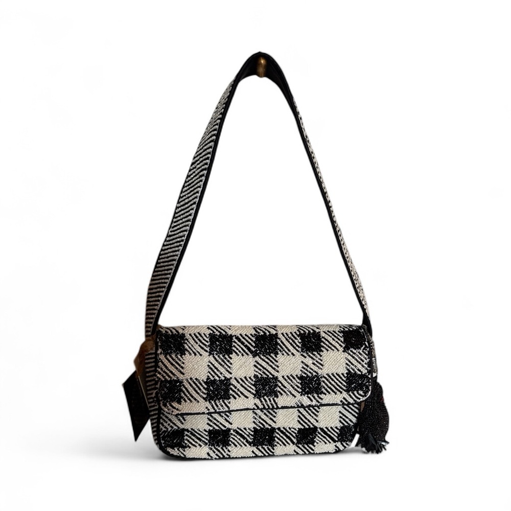 Plaid Black and White BeadedShoulder Bag With Black Swan Charm